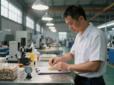 Quality inspector at a factory checkpoint examining bulk product samples on a metal table, clipboard and measuring instruments visible, strong overhead factory lighting from high windows, production floor visible in background depth
