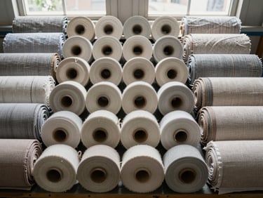 Overhead flat lay of neatly folded textile rolls in uniform rows on a factory sorting table, natural daylight from high windows, fabric weave texture visible