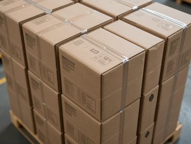 Close-up overhead of corrugated packaging cartons stacked in uniform columns on a warehouse floor, sharp factory overhead lighting, printed product markings visible on box faces