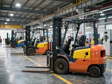 Wide factory floor showing electric forklifts parked in numbered bays, charging stations visible in background, bright overhead industrial lighting, floor markings and safety lanes clearly visible