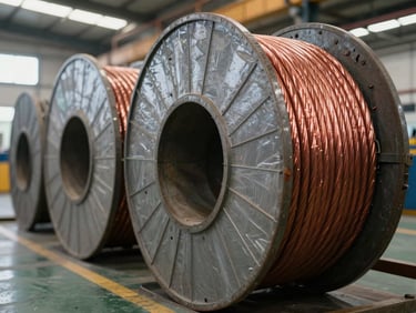 Close-up of industrial cable reels stacked in bulk on a factory floor, insulation cross-section visible on a cut end, bright overhead factory lighting, copper conductor detail sharp