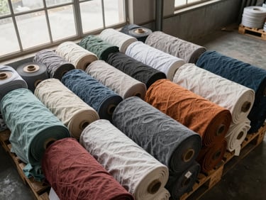 Overhead flat-lay of neatly folded textile rolls in industrial bulk, natural daylight from high warehouse windows, organized by color and weight on a factory floor pallet