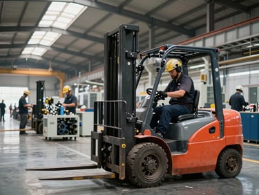 Wide factory floor shot of electric forklift and heavy machinery production line, workers in helmets operating equipment, high industrial ceiling with natural light from clerestory windows, organized assembly stations visible