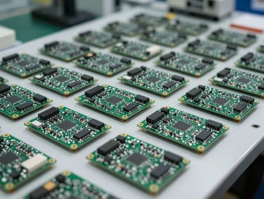 Tight close-up of circuit boards and electronic modules arranged in organized grid rows on a factory inspection table, bright overhead factory lighting, component detail sharp