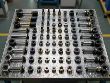 Overhead view of hardware tools and precision seal components laid out in organized grid formation on a steel work surface, factory floor context visible at edges, sharp industrial lighting from above