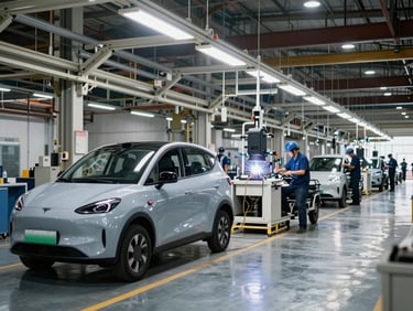 Wide shot of electric vehicle and electric tricycle assembly line in a large factory, frames on overhead conveyor, workers visible at weld stations under strong overhead factory lighting