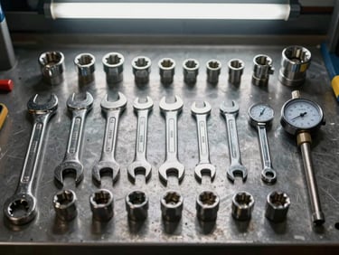Close-up overhead of hardware tools — wrenches, sockets, and precision gauges — organized in grid formation on a metal factory workbench under strong overhead industrial lighting