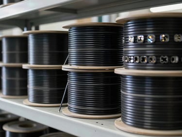 Close-up of photovoltaic wire coils and cable reels stacked in organized rows on industrial shelving, bright factory overhead lighting, cable cross-sections visible showing conductor gauge