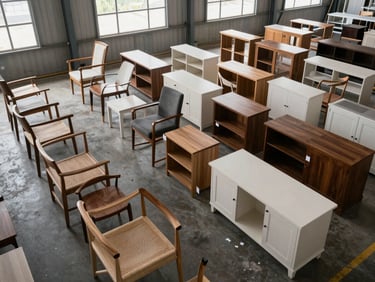 Overhead view of home furniture components — chair frames and cabinet panels — organized in labeled rows on a production floor, natural daylight from high warehouse windows