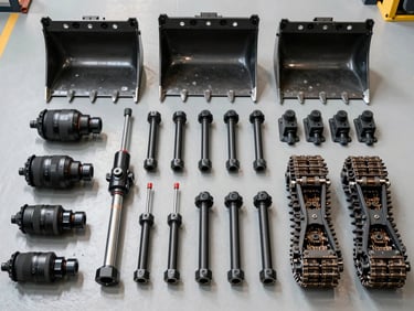 Overhead organized flat lay of construction vehicle attachments — bucket teeth, hydraulic pins, and track links — laid out in labeled rows on a factory inspection floor under bright overhead lighting