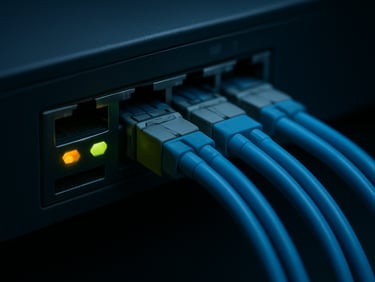 Macro close-up of a Cisco switch port with active amber and green status lights, pristine blue fiber optic patch cables cleanly routed into the sockets, high technical precision, low-key cool lighting.