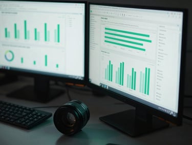 Cool-toned macro shot of dual-monitor setup showing complex Meta Ads Manager data dashboards, glowing green charts reflecting off a dark glass desk, 35mm lens.