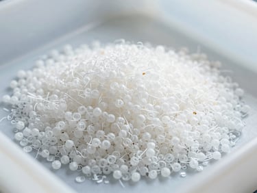 A pile of raw recycled nylon pellets in a clean laboratory container, bright neutral daylight, sharp focus, industrial clean aesthetic, 35mm