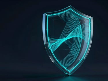 Abstract 3D visualization of a secure cryptographic data shield, constructed from glowing cyan lines and dark geometric glass plates, low-key lighting, deep midnight background.