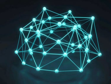 High-fidelity abstract 3D render of a structured node network, glowing cyan lines connecting data blocks on a dark background, architectural perspective.