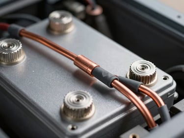 Macro shot of a clean 4WD dual-battery installation, neat copper wiring looms with heat-shrink connections, high-contrast industrial lighting, shallow depth of field.