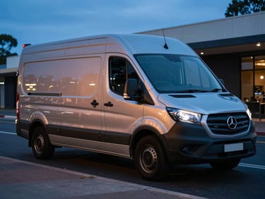 Wide environmental shot of a modern mobile service van parked on a high-contrast Adelaide street at dusk, cool blue ambient light reflecting off the vehicle.