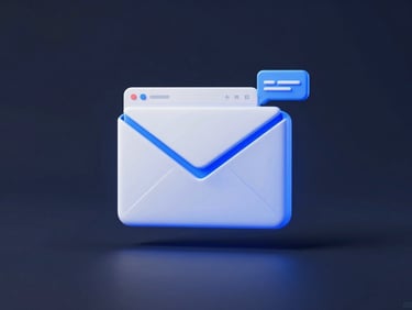 Clean 3D render of an email envelope icon with electric blue glow, connected to a clean inbox interface mockup, filtering data flows, deep slate background, cool studio lighting, sharp focus.