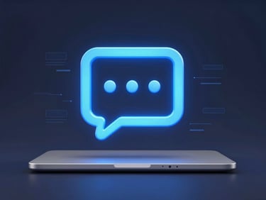 Clean 3D render of a chat bubble icon with electric blue glow, connected to a minimalist e-commerce interface mockup on a laptop, subtle data flows, deep slate background, cool studio lighting, sharp focus.