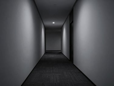 Minimalist corporate office hallway, sharp architectural lines, dramatic low-key lighting, cool desaturated tones, deep shadows