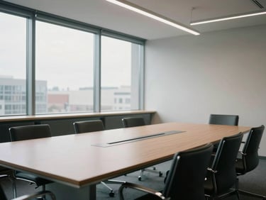 Wide environmental shot of a quiet, empty modern executive boardroom in Berlin, natural light streaming through large windows, clean lines, no people, conveying a calm and analytical atmosphere.