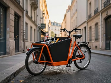 Wide environmental shot of an orange-and-black cargo bike loaded with plumbing tools navigating a narrow Parisian side street, shot from street level, buildings close on both sides, golden hour light catching the cargo box, no people, urban texture in background