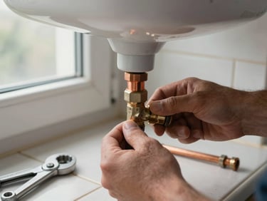 Close-up of a plumber's hands tightening a copper pipe fitting under a sink, natural overcast window light from the left, tools resting on tile floor nearby, no face visible, focus on the grip and the aged pipe detail