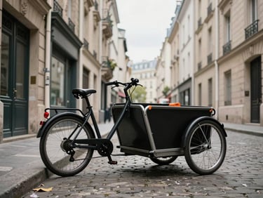 Wide street-level view of a Clockwork Orange cargo bike parked at the entrance of a narrow Haussmannian Parisian street, tool box visible in the cargo box, overcast natural daylight, deep cobblestone alley receding into background, no people, shot from low angle emphasizing the bike's presence in the city