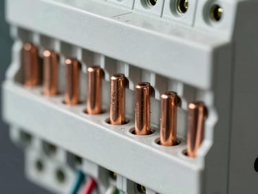 Macro close-up of a perfectly routed breaker panel with heavy-duty copper wiring, clean industrial layout, sharp technical utility lighting highlighting copper-to-copper connections.