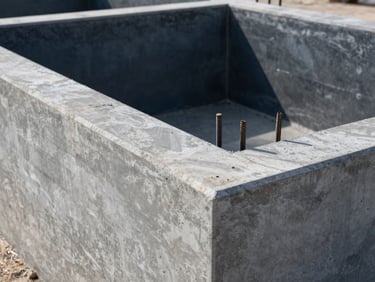 Freshly poured concrete foundation under tension, smooth industrial finish, steel rebar reinforcement visible at the edge.
