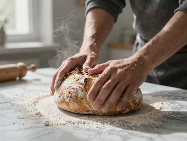 Close-up of hands kneading sourdough on a floured marble counter, steam rising subtly in the background under directional window light.