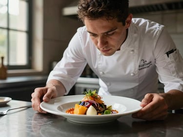 A focused chef at the pass plating a vibrant dish under soft, directional window light, rustic kitchen background.