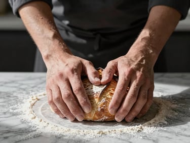 Close-up of chef hands kneading sourdough on a floured marble counter, soft directional morning light, high shadow contrast, Scandinavian style