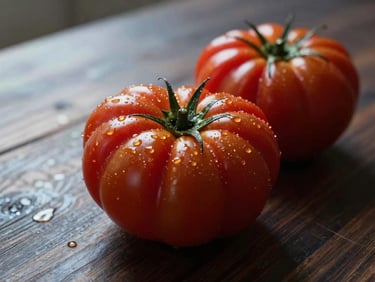 A macro, high-contrast shot of glistening heirloom tomatoes on a dark wooden prep table, soft Scandinavian natural light.