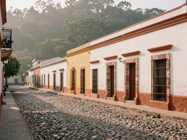 Charming cobblestone street in Real del Monte, colorful colonial facades, soft morning light, warm clay accents, 35mm film style.