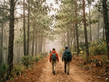Hikers walking on a narrow dirt path through tall pine forests in Hidalgo, misty morning fog filtering through the canopy, atmospheric travel photography