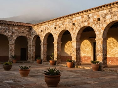 Historic stone hacienda courtyard in Hidalgo, warm golden hour light hitting the arches, terracotta planters, rustic editorial travel photography style