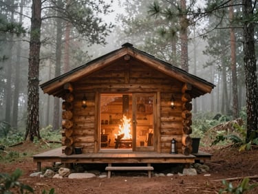 Cozy wooden cabin nestled in a misty pine forest of Hidalgo, warm interior fireplace glow visible through window, 35mm film style.