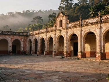 Historic stone courtyard of a 17th-century hacienda in Hidalgo, golden hour lighting, architectural details, 35mm film style.