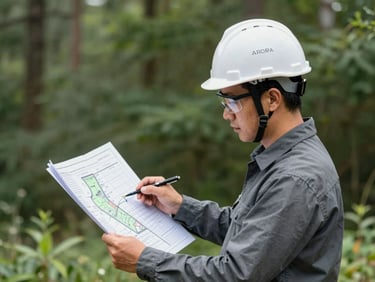 Arborist supervisor wearing a white hardhat and safety glasses reviewing a digital site plan, professional editorial photography