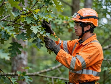 Close-up of an ISA-certified arborist in high-visibility orange safety gear inspecting a mature oak branch, crisp morning daylight, forest green tones
