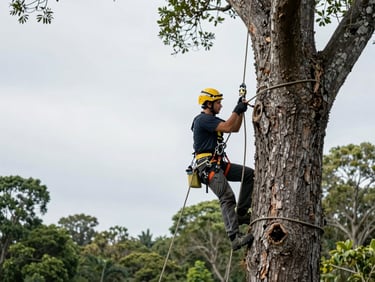 Professional arborist in safety gear securing high-tensile ropes on a massive tree trunk, natural overcast sky, sharp detail