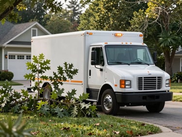 A professional service truck with safety lights active parked near a fallen oak limb in a suburban driveway, morning daylight, sharp detail
