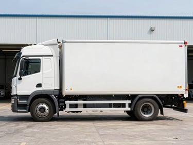 Modern commercial truck in profile, parked in a clean industrial yard under bright daylight, sharp focus