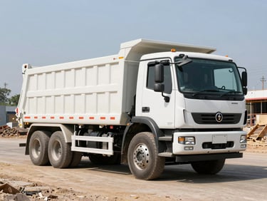 Ashok Leyland Tipper truck, three-quarter view, on a construction site under bright sunlight, sharp focus