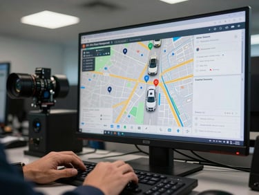 GPS fleet management dashboard on a monitor in a dispatch center, live map with vehicle pins visible, hands typing on a keyboard in the foreground, even overhead lighting