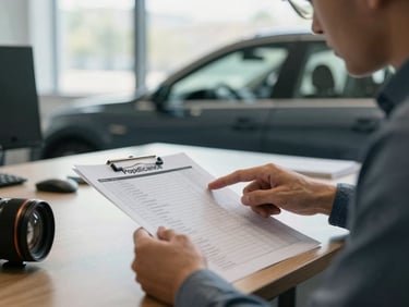 Driver onboarding session in progress, a coordinator pointing at a printed compliance checklist on a table, natural window light, operational office environment