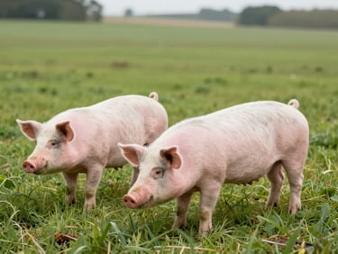 A medium shot of healthy pasture-raised pigs grazing in a clean, open green field under bright natural overcast daylight, editorial agricultural style.