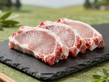 Raw fresh goat meat cuts styled minimally on a dark slate block, bright natural daylight, shallow depth of field