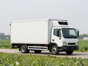 A modern clean refrigerated delivery truck parked outside a professional agricultural facility, bright overcast daylight, clean editorial style.